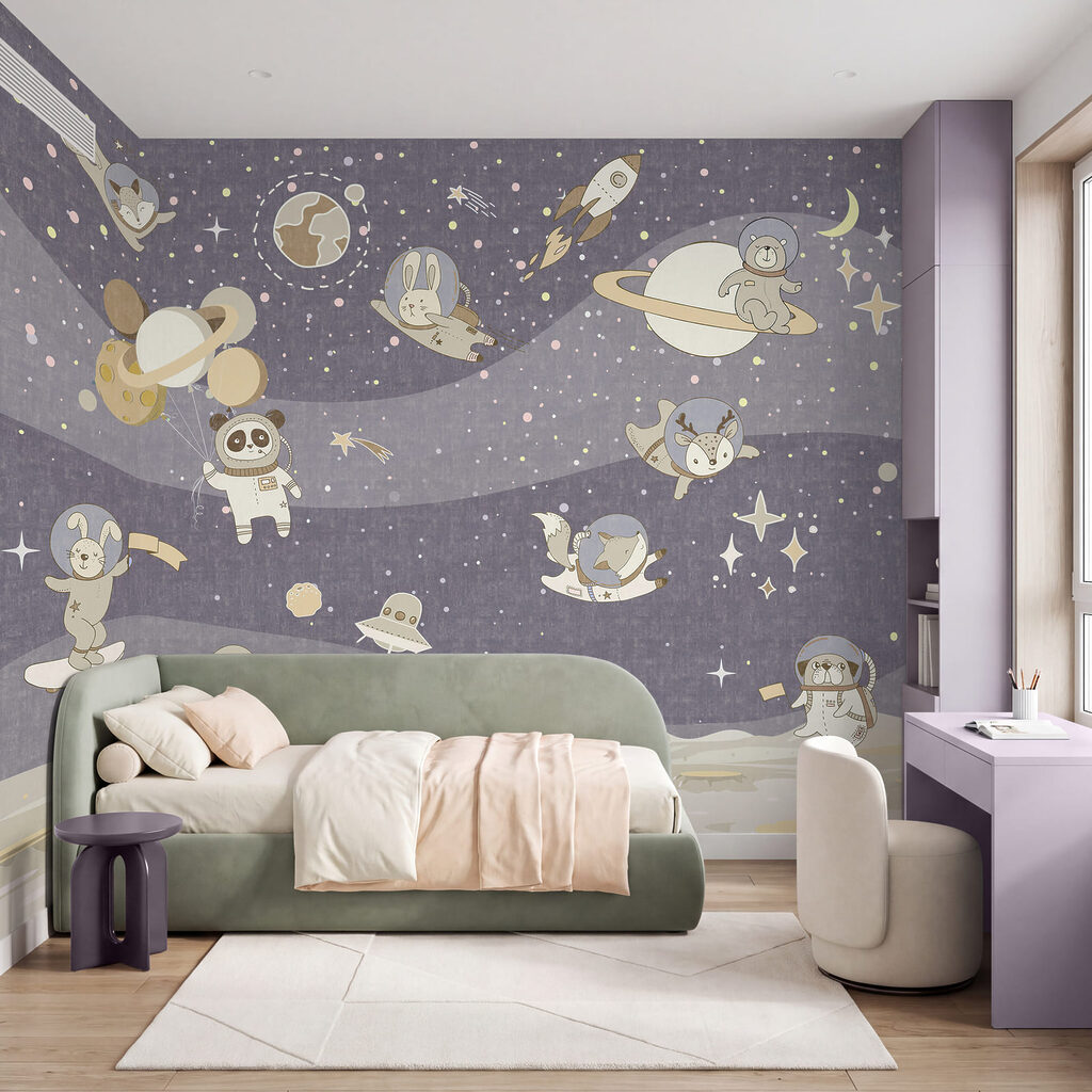 Scena spaziale in stile cartone animato con pianeti e stelle Scena spaziale in stile cartone animato con pianeti e stelle
