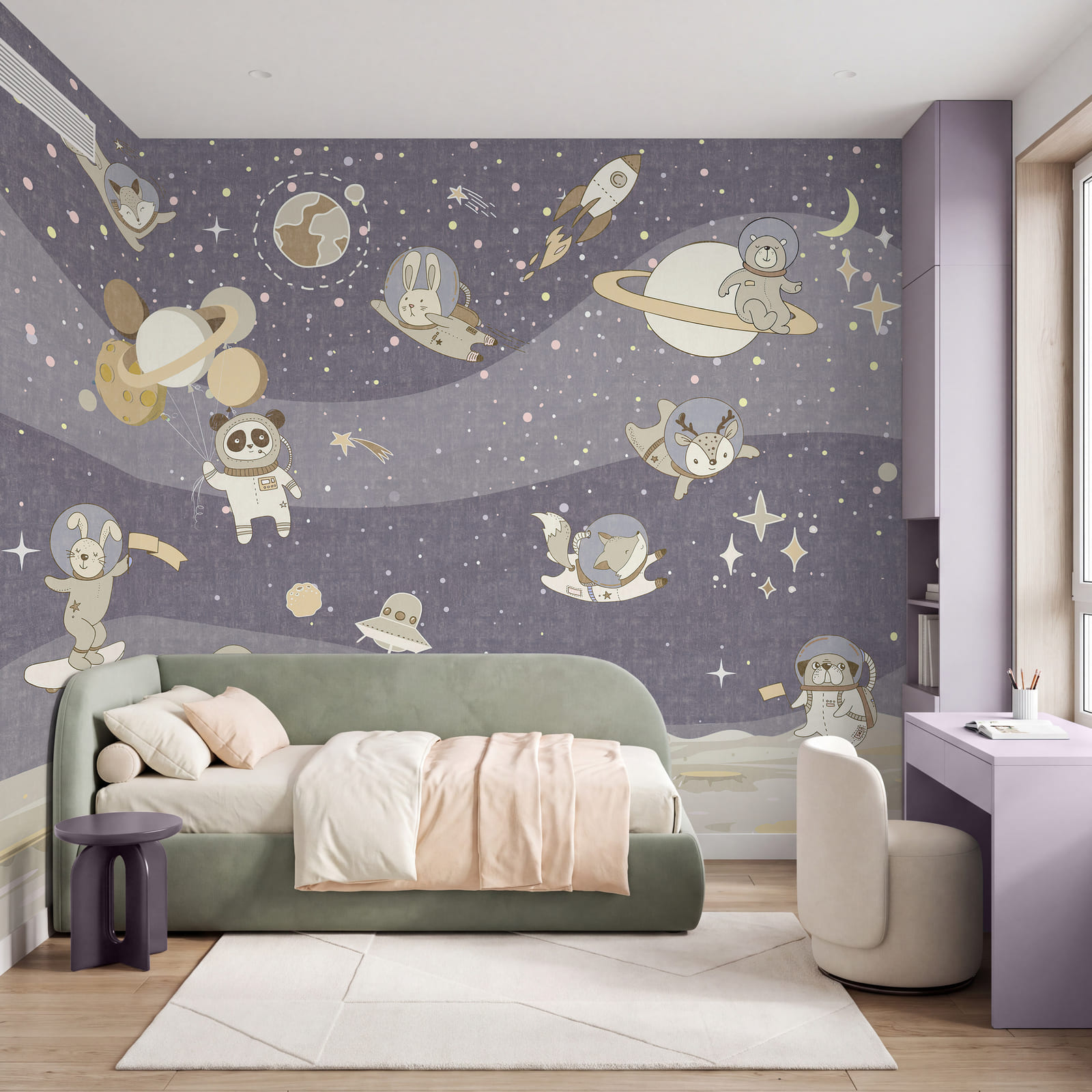 Scena spaziale in stile cartone animato con pianeti e stelle Scena spaziale in stile cartone animato con pianeti e stelle