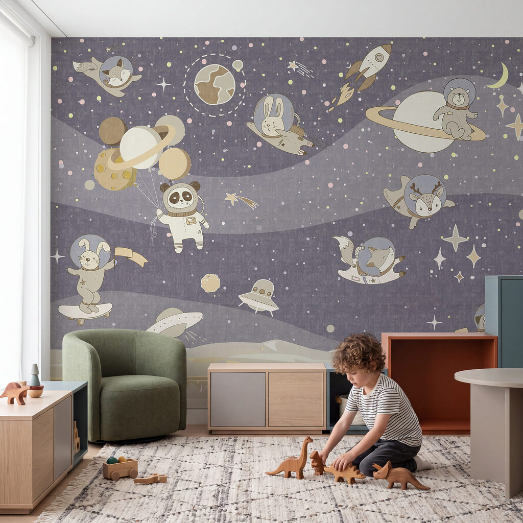 Scena spaziale in stile cartone animato con pianeti e stelle Scena spaziale in stile cartone animato con pianeti e stelle