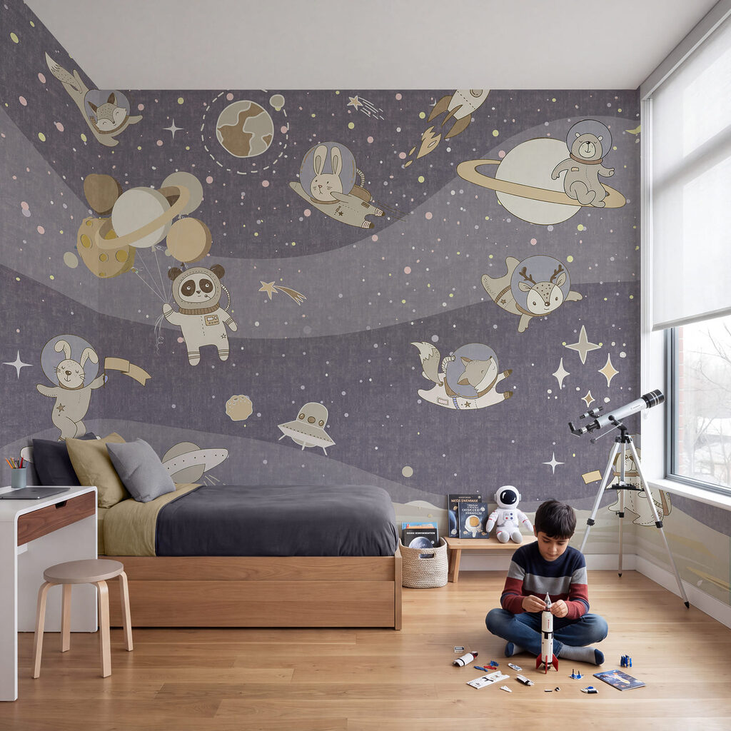 Scena spaziale in stile cartone animato con pianeti e stelle Scena spaziale in stile cartone animato con pianeti e stelle