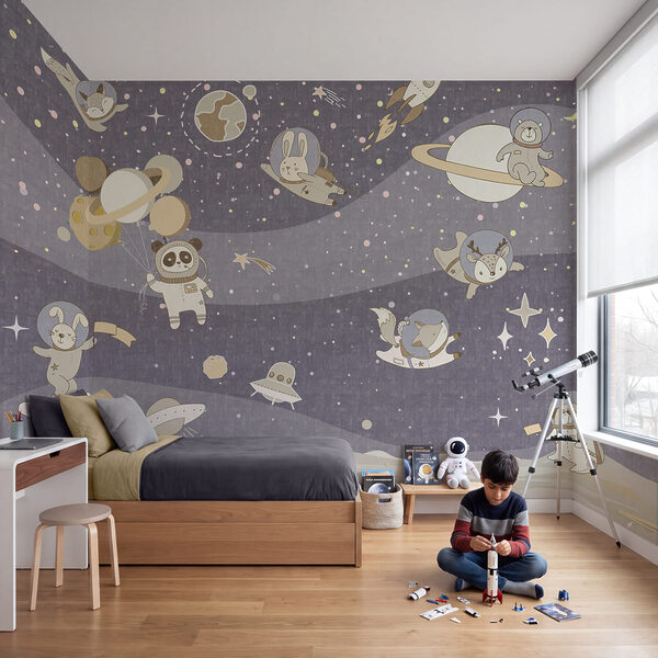 Scena spaziale in stile cartone animato con pianeti e stelle Scena spaziale in stile cartone animato con pianeti e stelle