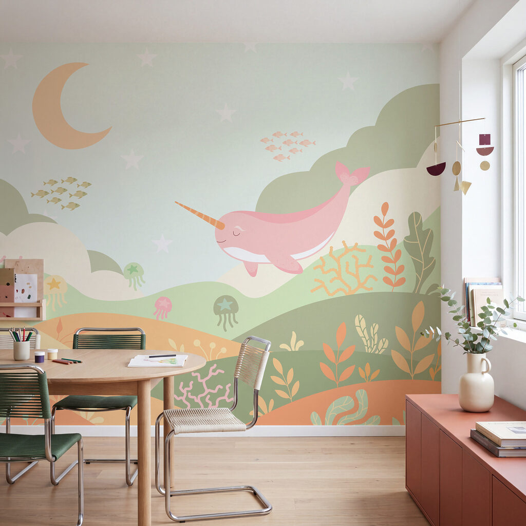 Carta da parati Vignetta raffigurante una balena che nuota nel mare (COD: t01053v1) Carta da parati Vignetta raffigurante una balena che nuota nel mare (COD: t01053v1)