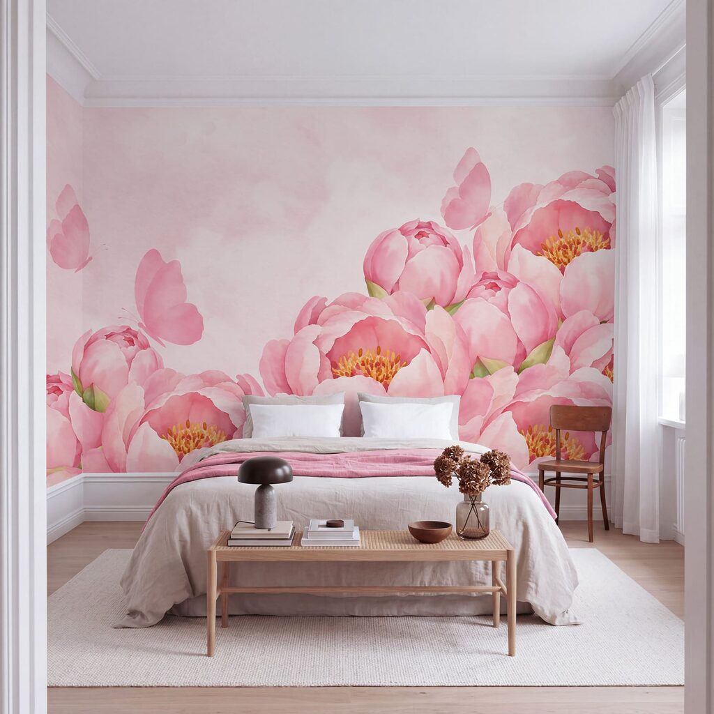 Carta da parati Fiori rosa con una farfalla (COD: t01101)