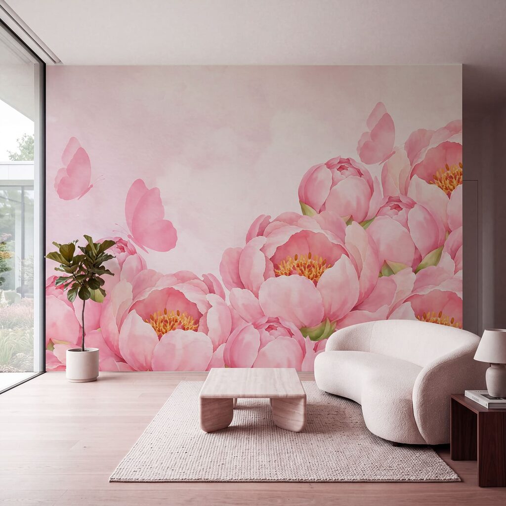 Carta da parati Fiori rosa con una farfalla (COD: t01101)