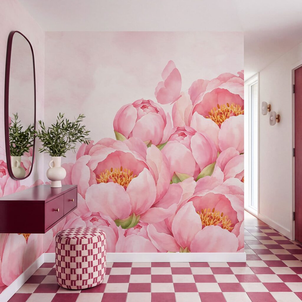 Carta da parati Fiori rosa con una farfalla (COD: t01101)