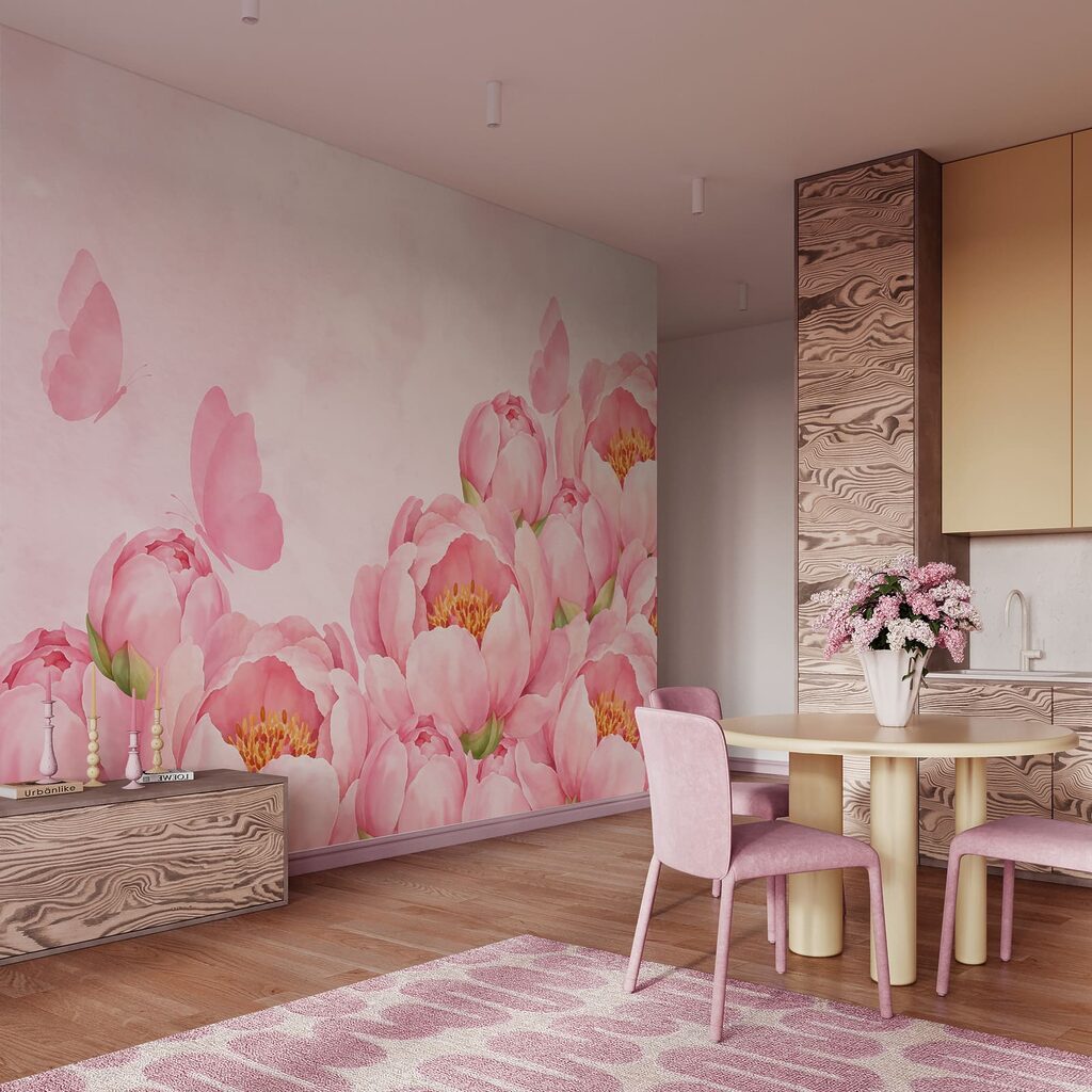 Carta da parati Fiori rosa con una farfalla (COD: t01101)