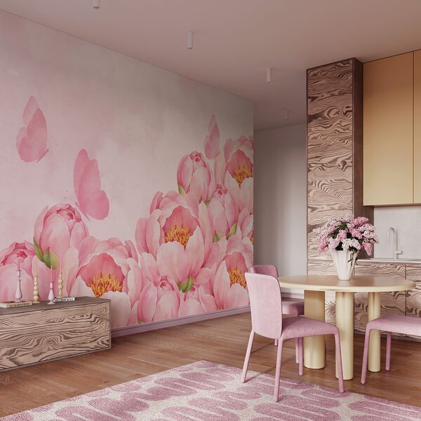 Carta da parati Fiori rosa con una farfalla (COD: t01101)