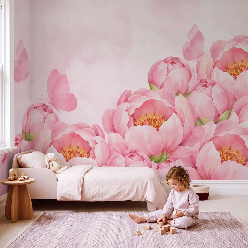 Carta da parati Fiori rosa con una farfalla (COD: t01101)