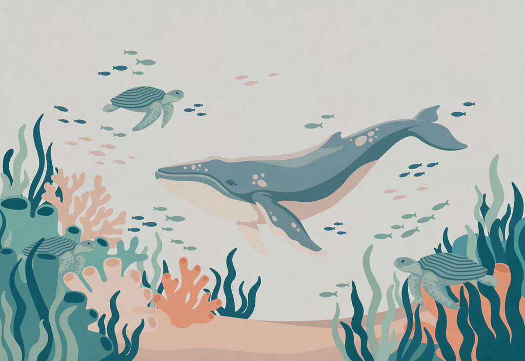 Carta da parati Balena e tartaruga che nuotano nell'oceano (COD: t01074)