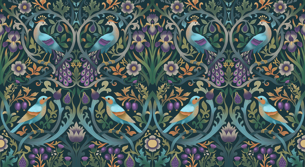Carta da parati Motivo floreale colorato con uccelli e fiori (COD: t01166)