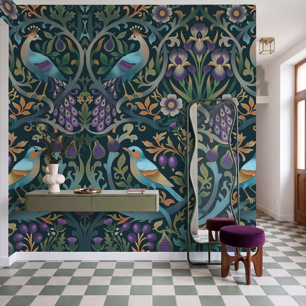 Carta da parati Motivo floreale colorato con uccelli e fiori (COD: t01166)