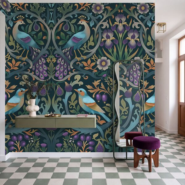 Carta da parati Motivo floreale colorato con uccelli e fiori (COD: t01166)