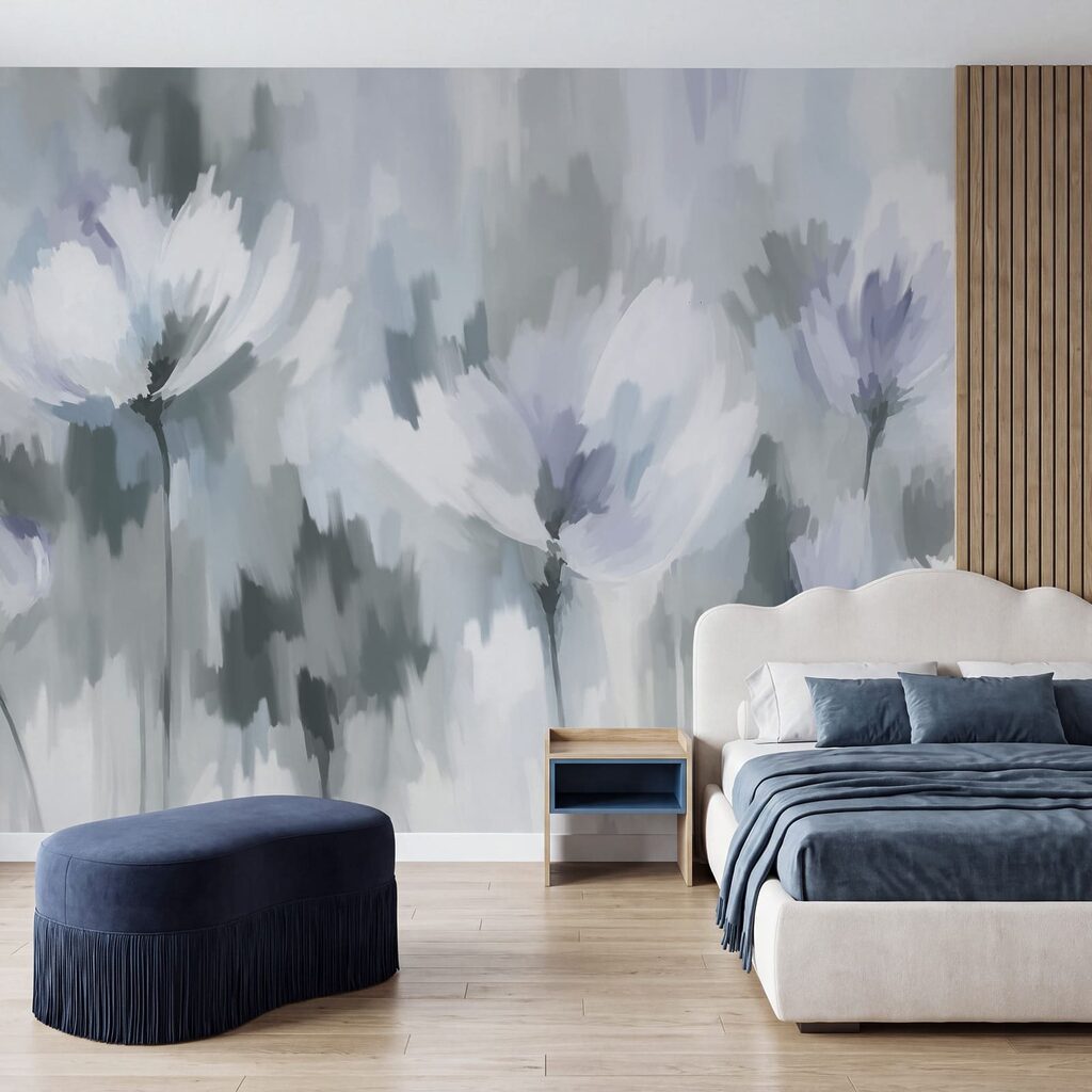 Carta da parati Dipinto di fiori in grigio e bianco (COD: t01189v2)