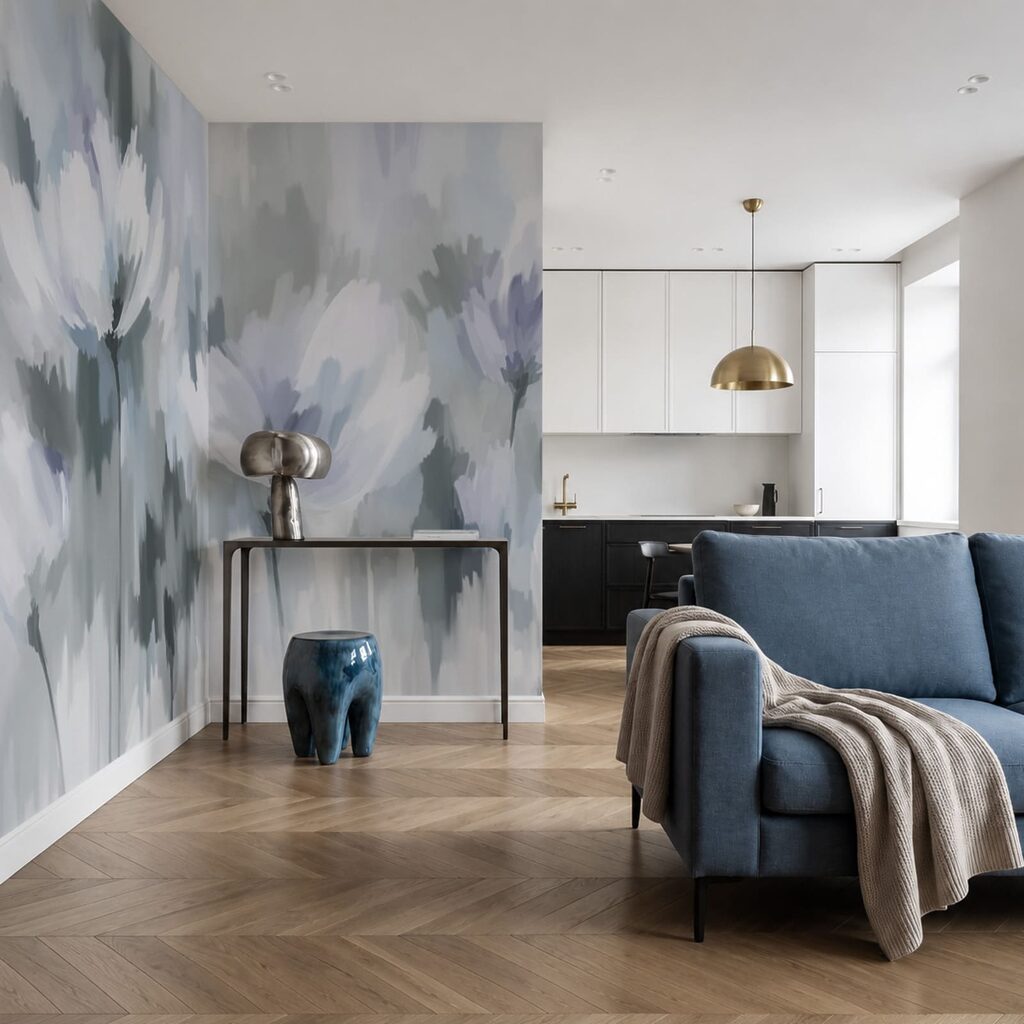 Carta da parati Dipinto di fiori in grigio e bianco (COD: t01189v2)