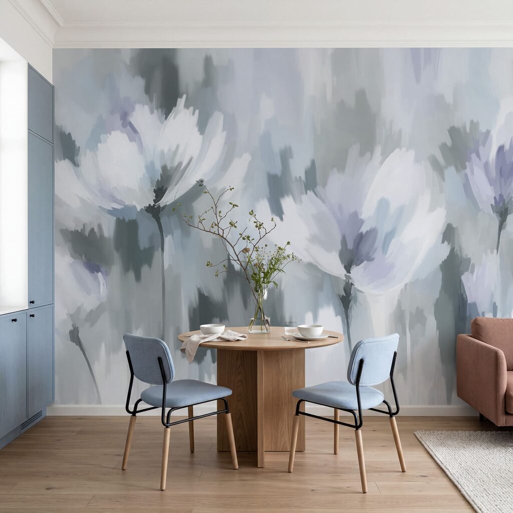 Carta da parati Dipinto di fiori in grigio e bianco (COD: t01189v2)