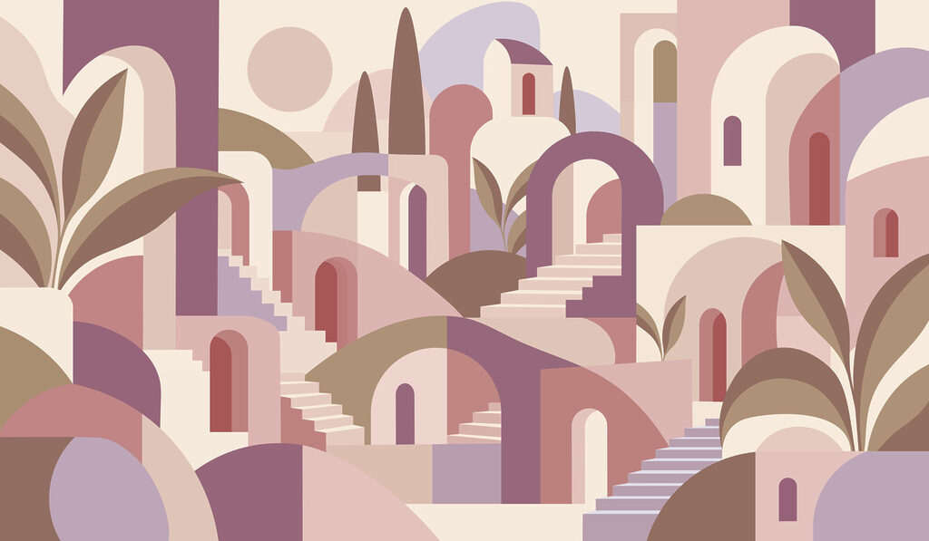 Carta da parati Paesaggio colorato con scale e alberi (COD: t01143v1) Carta da parati Paesaggio colorato con scale e alberi (COD: t01143v1)